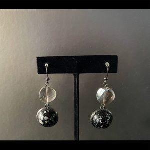 2” Drop Black and Silver-tone Speckled Earrings